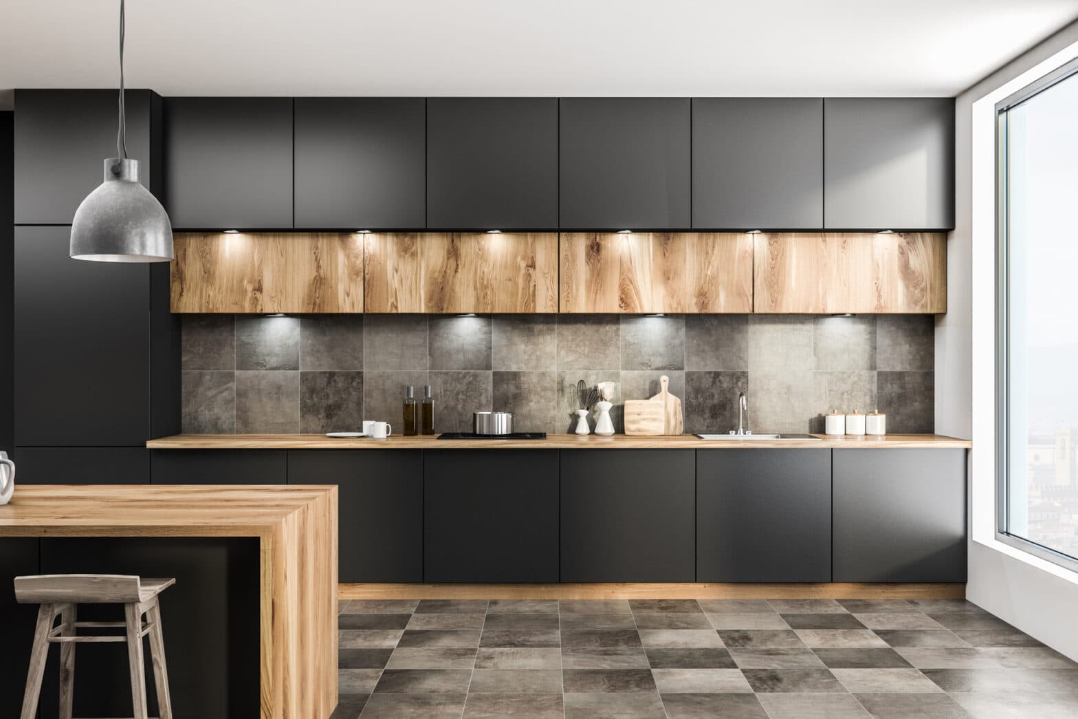 Gray kitchen with counters and bar & custom casework